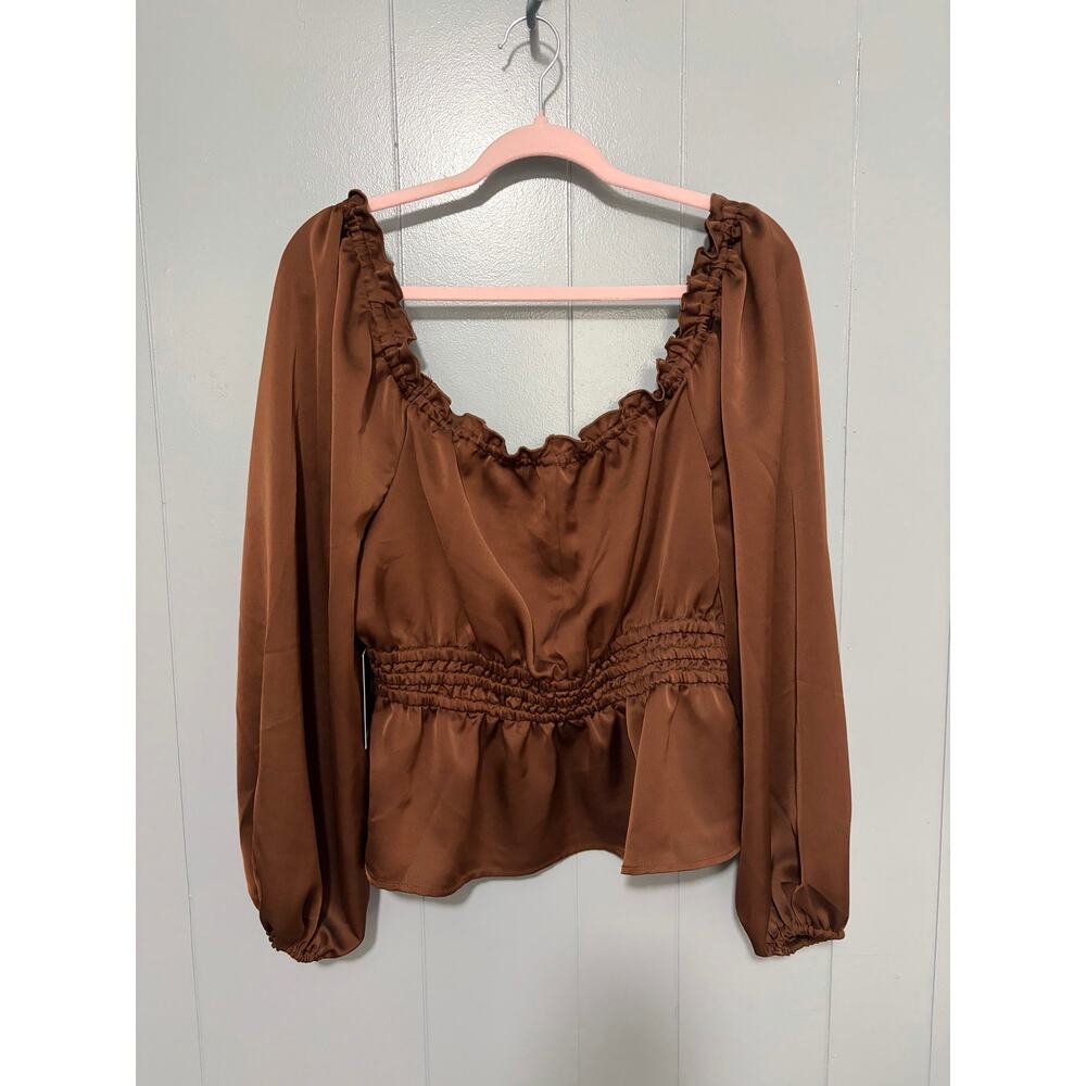 NEW Eloquii Brown Satin Elastic Waist Off the Shoulder Puff Sleeves Top 14 - Picture 9 of 10